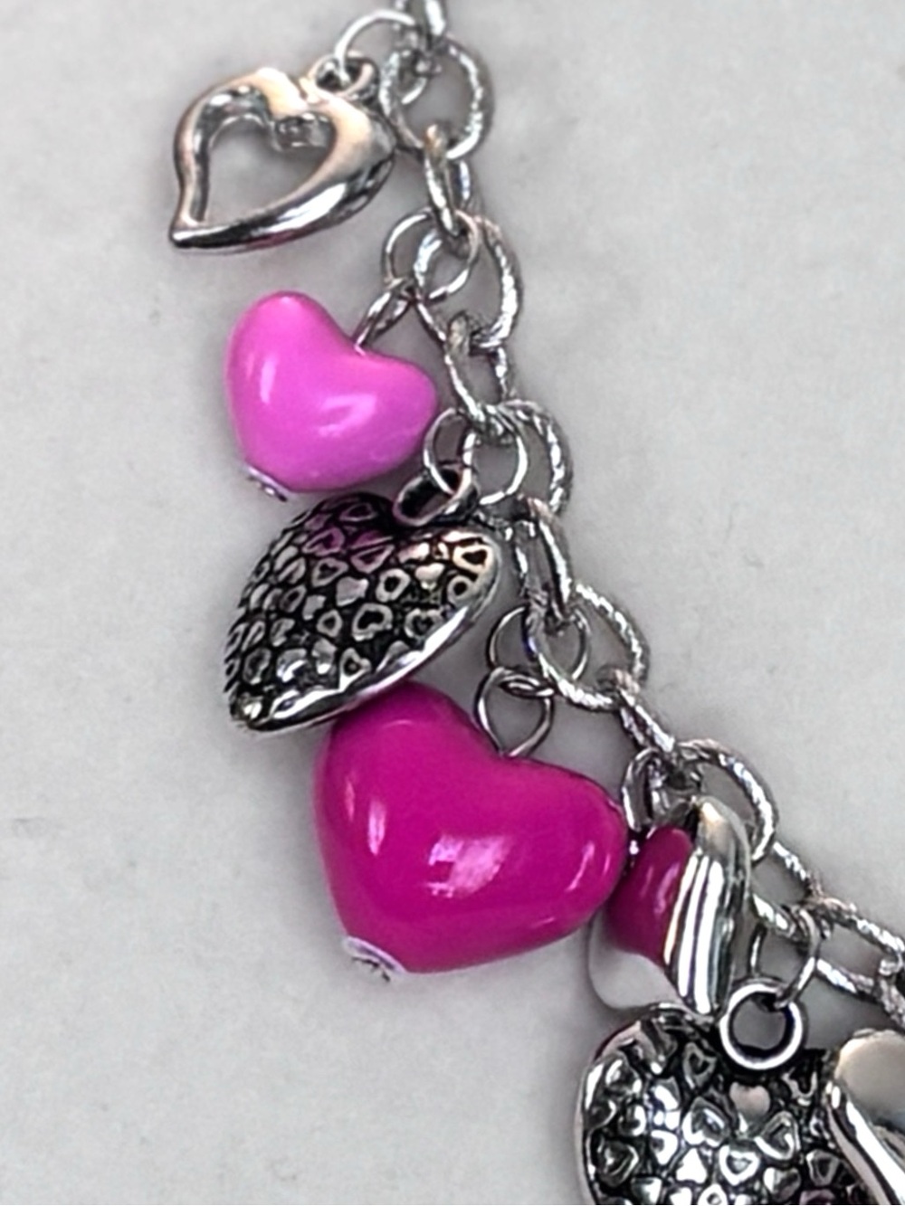 Pink, Mauve and Silver Heart Charms with Silver Chain Link Necklace - Picture 3 of 5